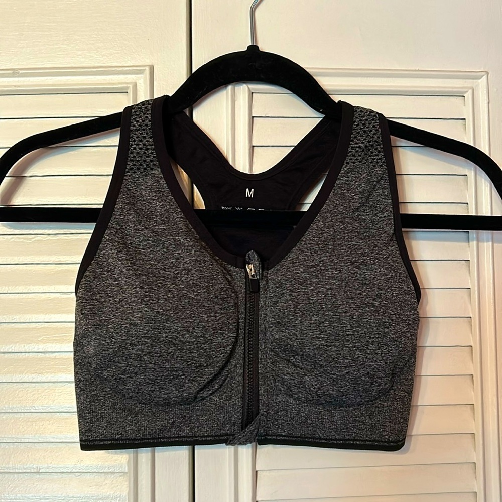 Sport Black Gray stretch padded Bra women Sz M zipper front workout exercise